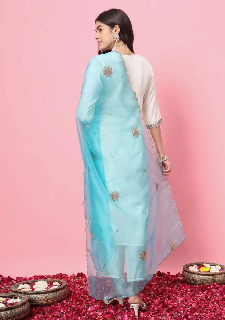 White Embroidered Silk Blend Straight Kurta Set - Indya