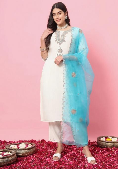 White Embroidery Silk Kurta Set