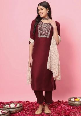 Maroon Embroidery Silk Kurta Set
