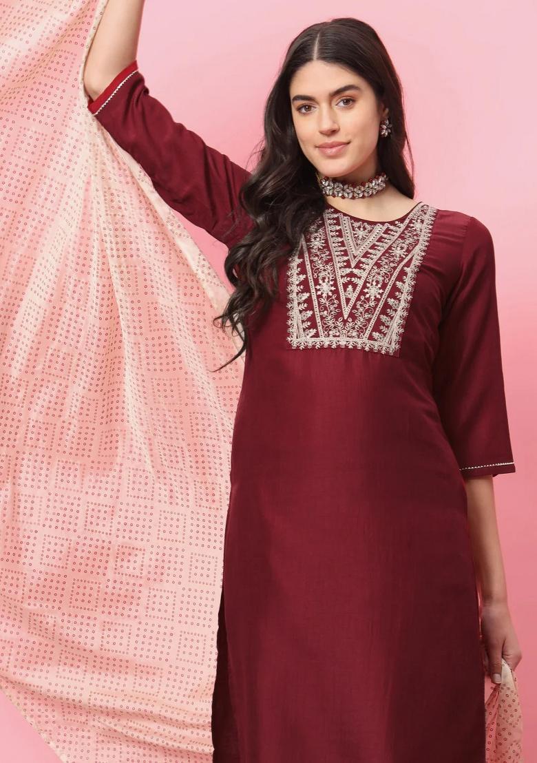 Maroon Embroidery Silk Kurta Set - Indya