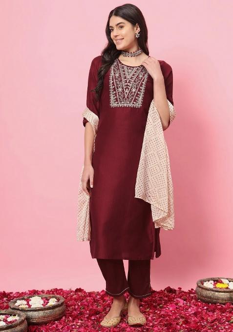 Maroon Embroidery Silk Kurta Set