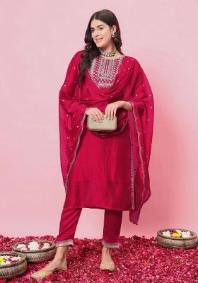Pink Embroidery Silk Kurta Set