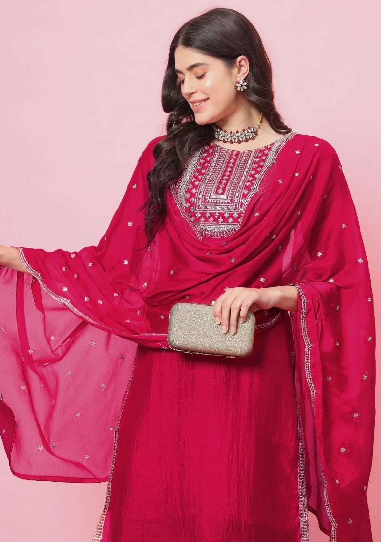 Pink Embroidery Silk Blend Kurta Set - Indya