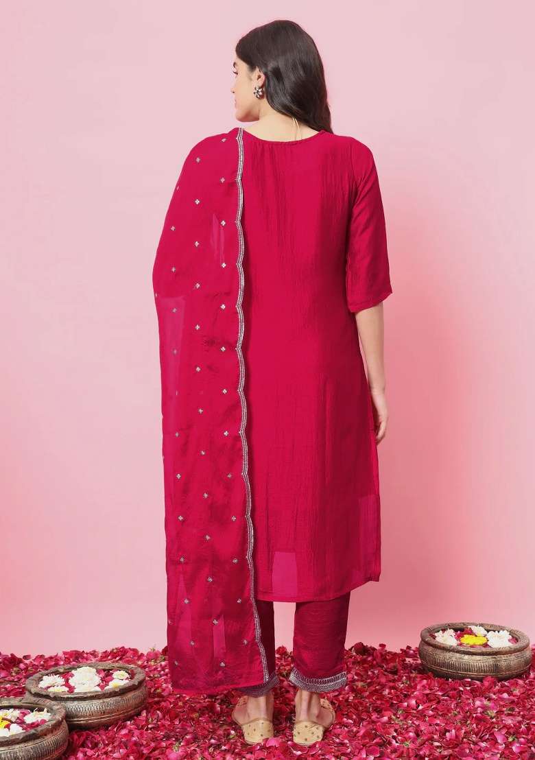 Pink Embroidery Silk Blend Kurta Set - Indya