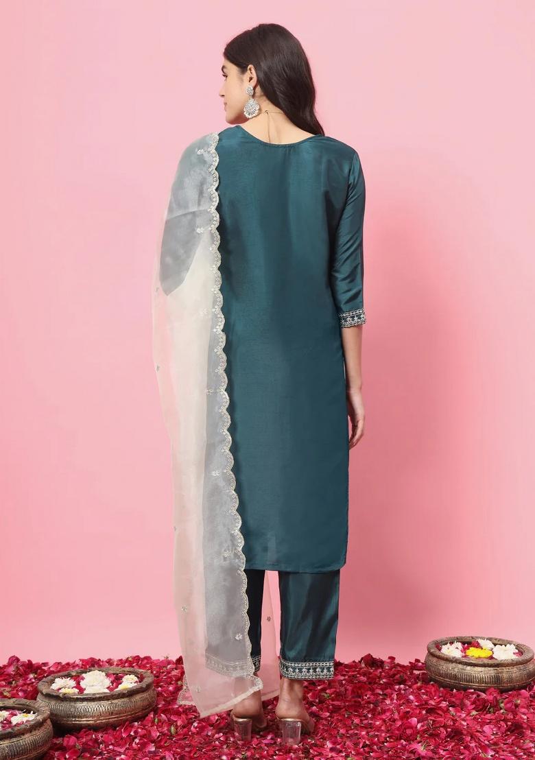 Green Embroidery Silk Kurta Set - Indya