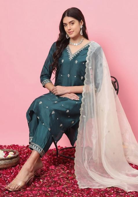 Green Embroidery Silk Kurta Set