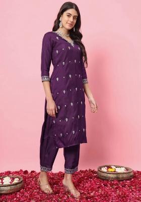 Purple Embroidery Silk Kurta Set