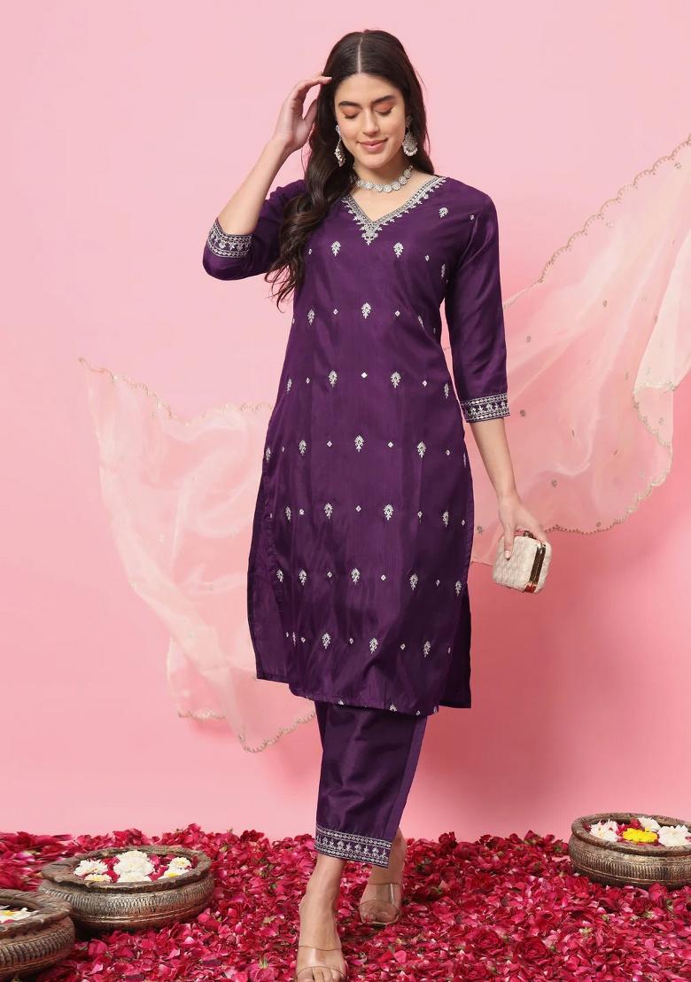 Purple Embroidery Silk Kurta Set - Indya