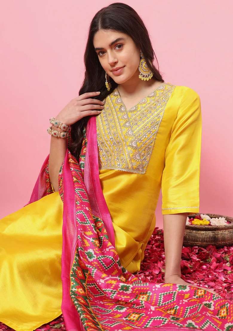Yellow Embroidered Silk Blend Straight Kurta Set - Indya