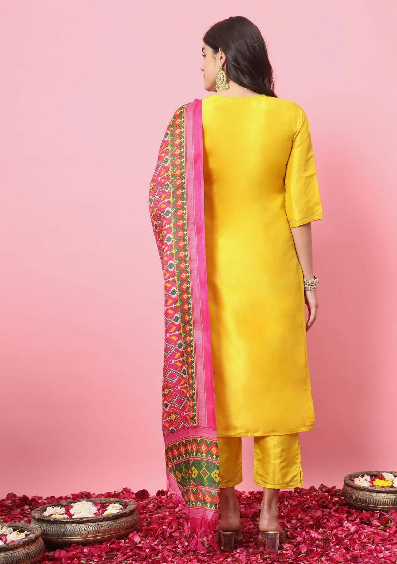 Yellow Embroidery Silk Kurta Set - Indya