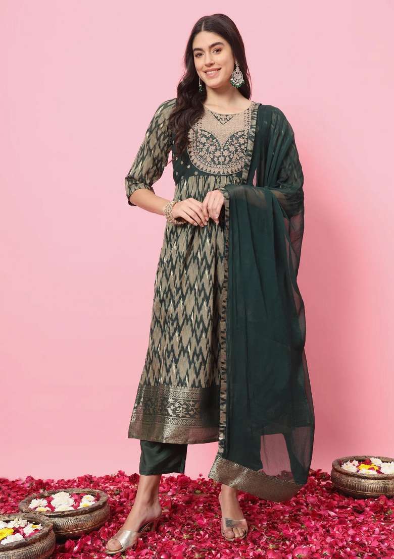 Green Printed Silk Blend A Line Kurta Set - Indya