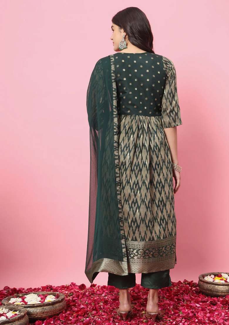 Green Printed Silk Blend A Line Kurta Set - Indya