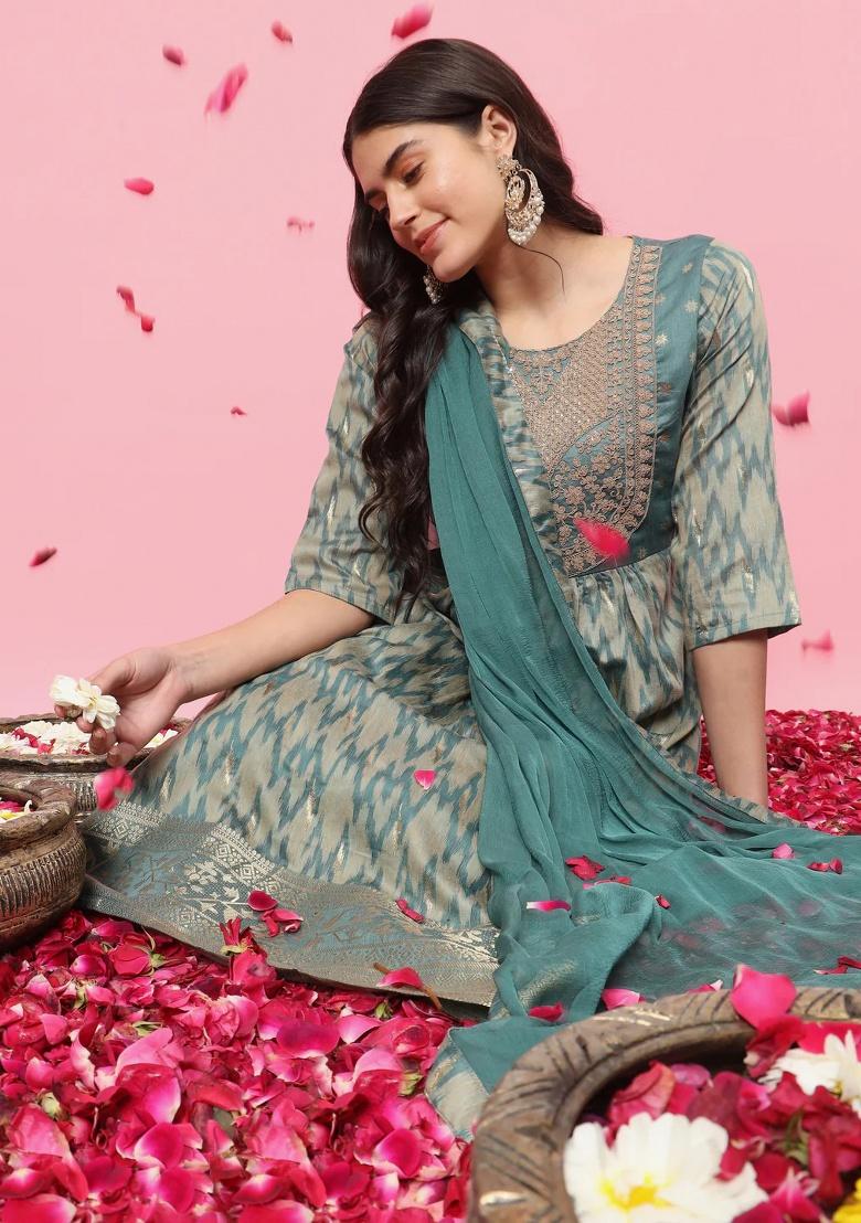 Light Blue Embroidery Silk Kurta Set - Indya