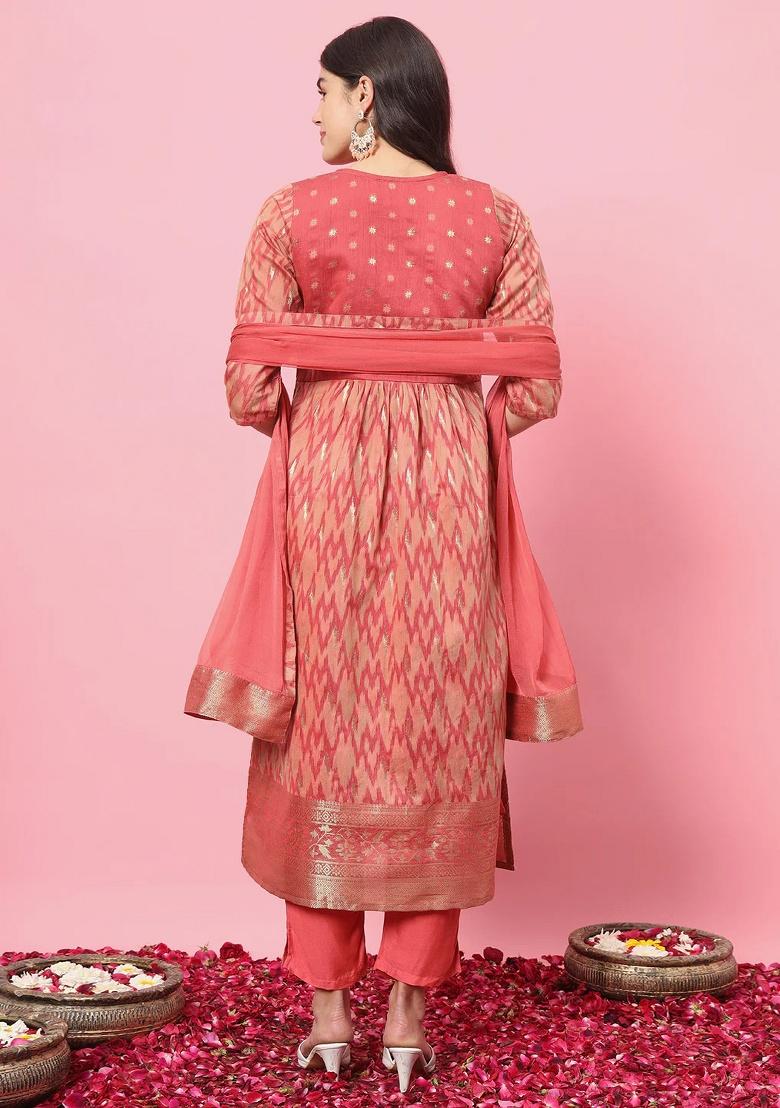 Peach Embroidery Silk Kurta Set - Indya