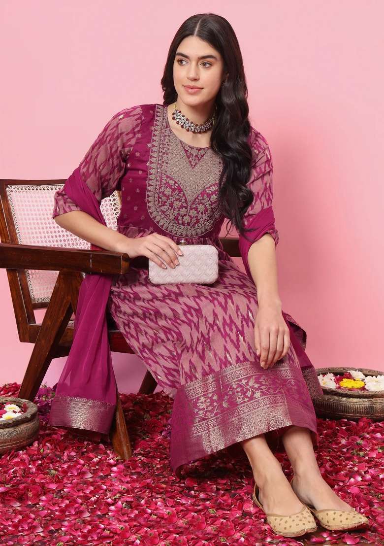 Purple Printed Silk Blend A Line Kurta Set - Indya