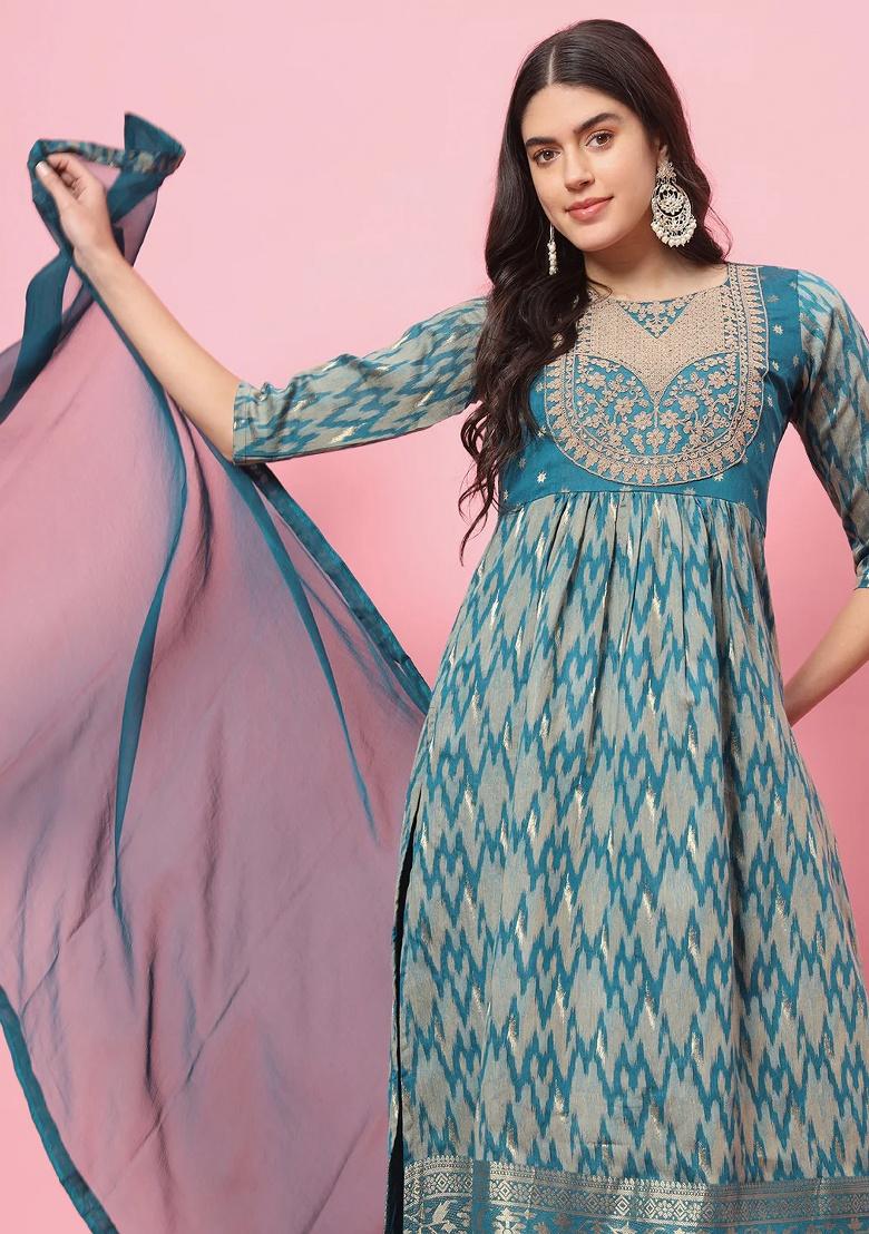 Teal Embroidery Silk Kurta Set - Indya