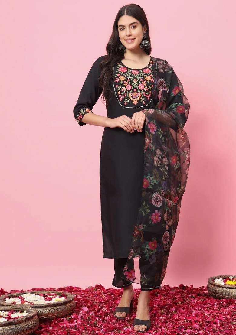 Black Embroidered Viscose Straight Kurta Set - Indya