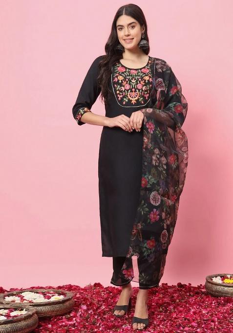 Black Embroidery Viscose Kurta Set