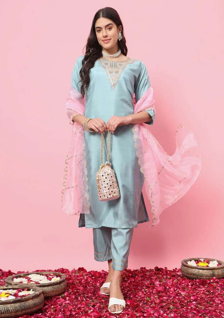 Sky Blue Embroidered Silk Blend Straight Kurta Set - Indya