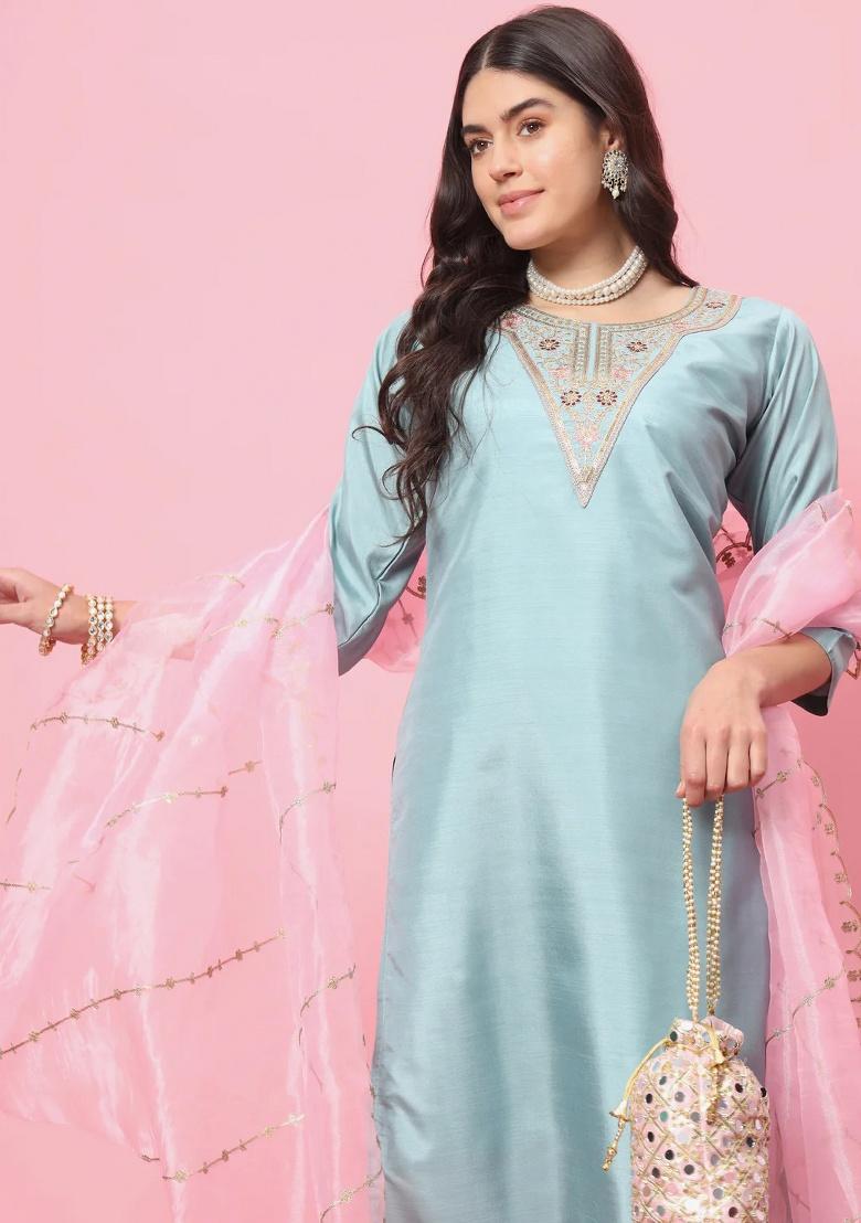 Sky Blue Embroidery Silk Kurta Set - Indya
