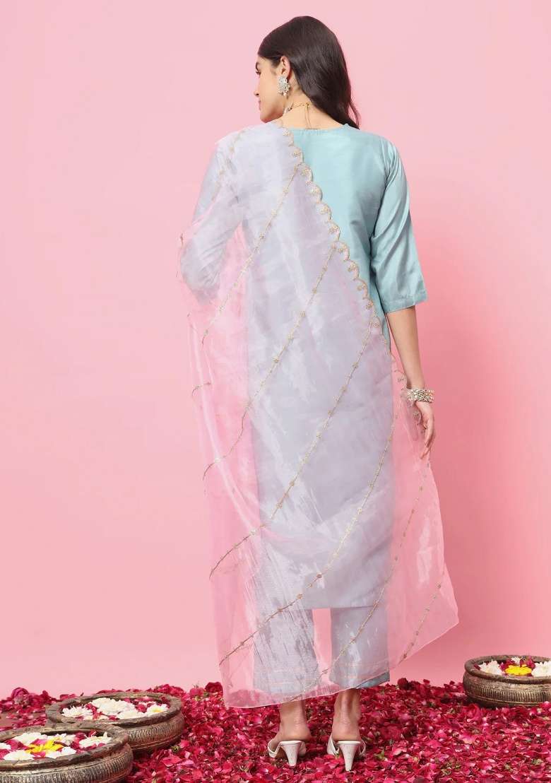 Sky Blue Embroidered Silk Blend Straight Kurta Set - Indya
