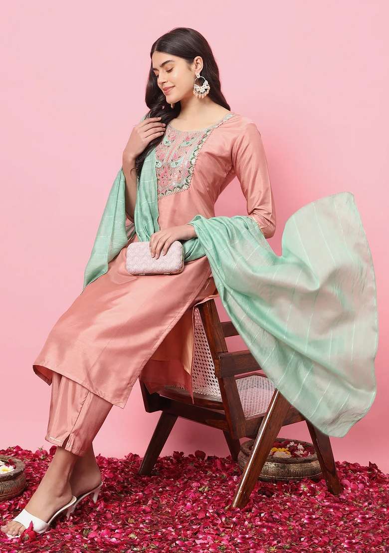 Peach Embroidered Silk Blend Straight Kurta Set - Indya