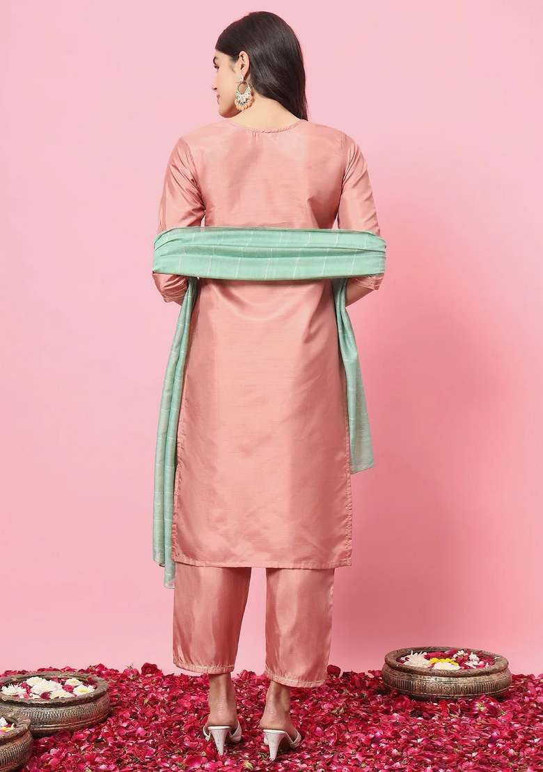 Peach Embroidered Silk Blend Straight Kurta Set - Indya