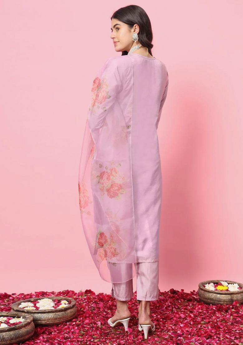 Lavender Embroidery Silk Kurta Set - Indya