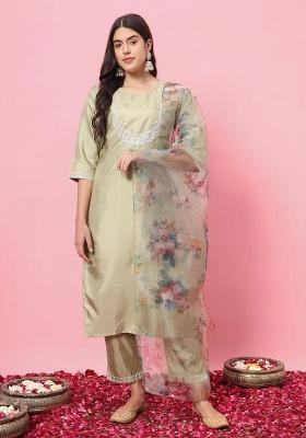 Pista Embroidery Silk Kurta Set