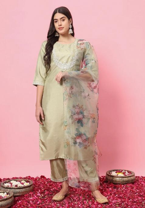 Pista Embroidery Silk Kurta Set
