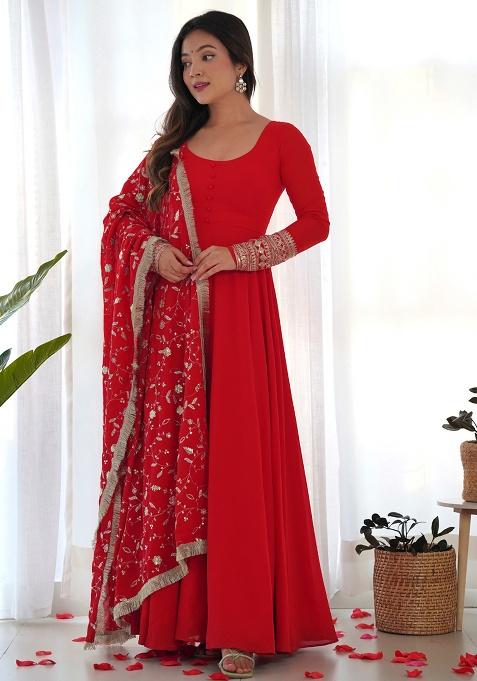 Red Embroidery Georgette Kurta Set
