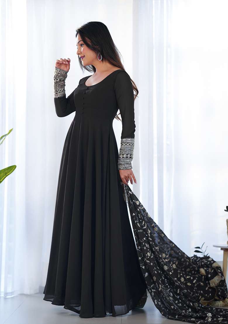 Black Embroidery Georgette Kurta Set - Indya