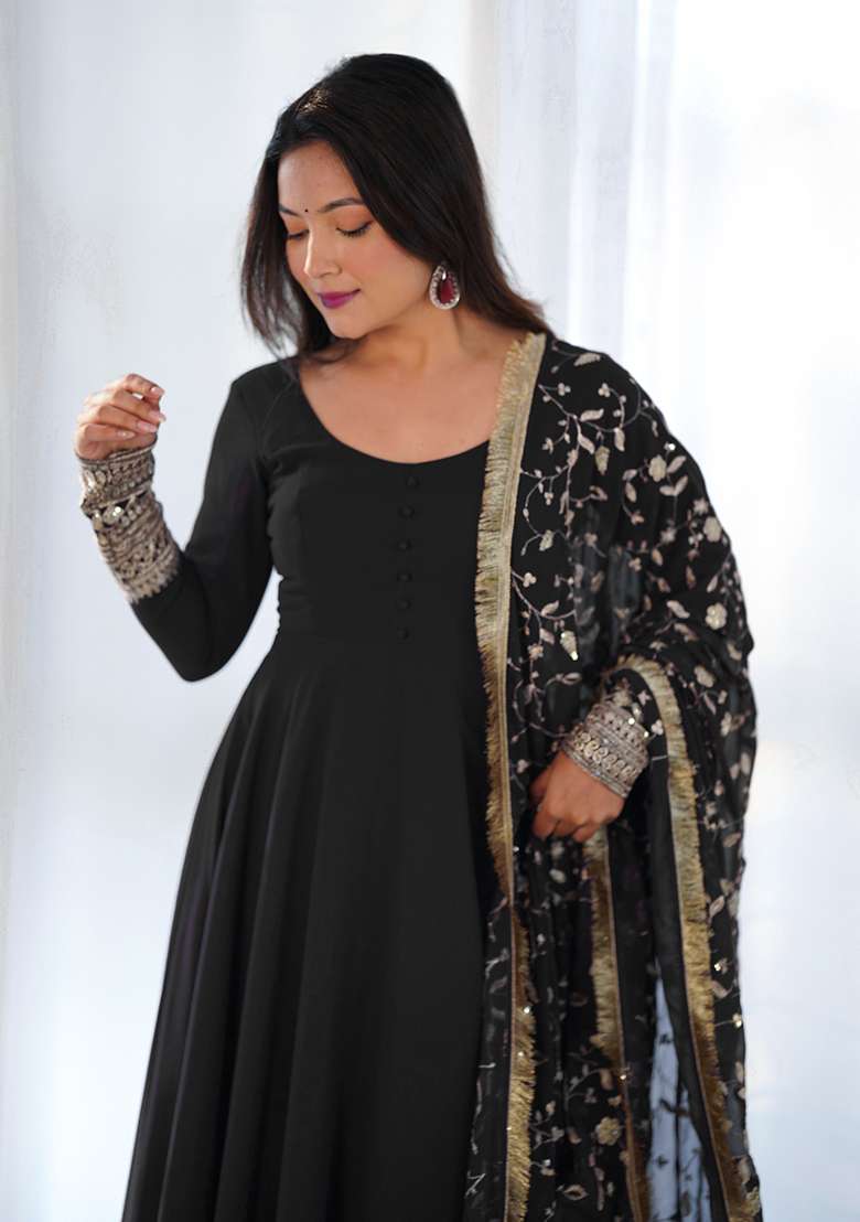 Black Embroidery Georgette Kurta Set - Indya