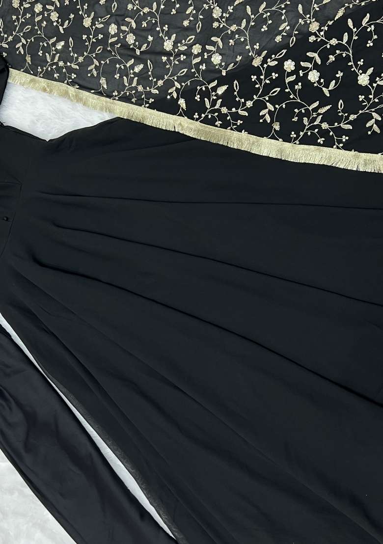 Black Embroidery Georgette Kurta Set - Indya