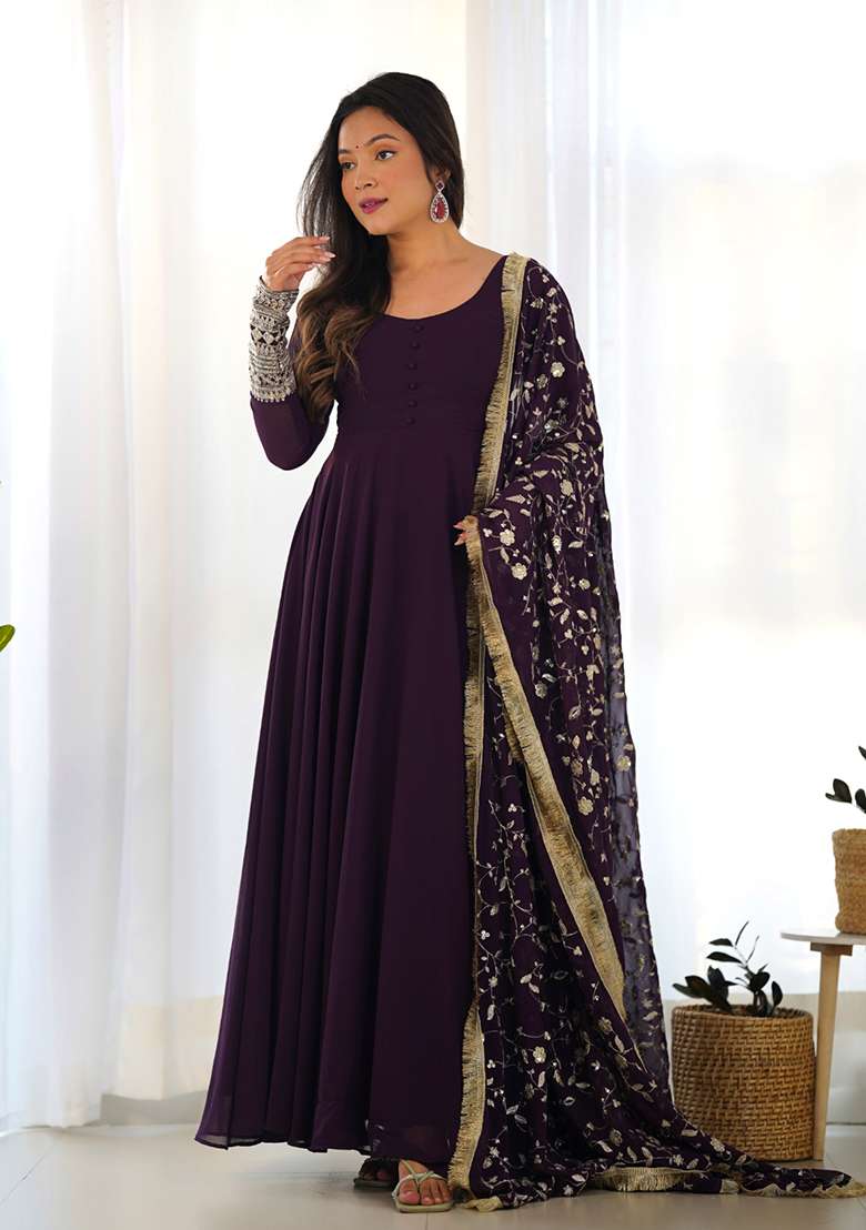 Purple Embroidery Georgette Kurta Set - Indya