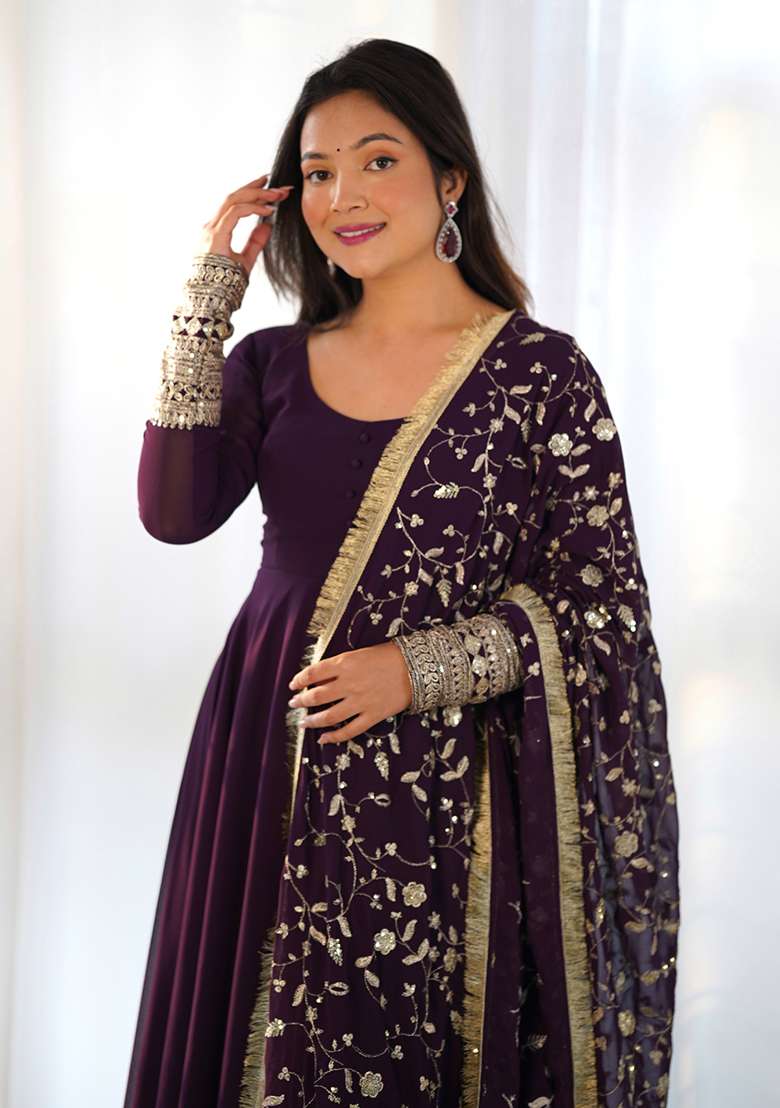 Purple Embroidery Georgette Kurta Set - Indya
