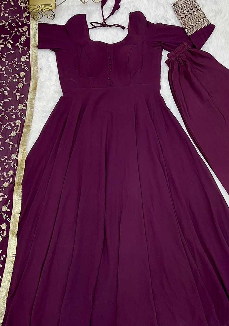 Purple Embroidery Georgette Kurta Set - Indya