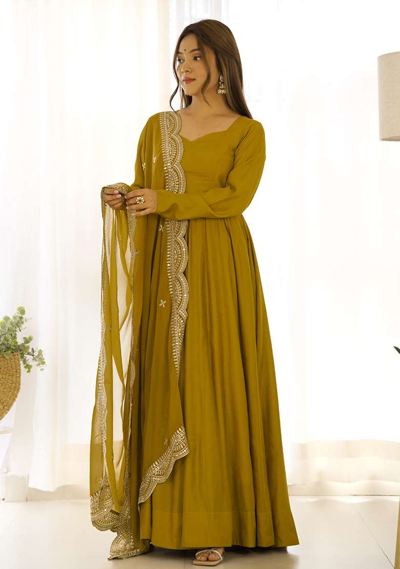 Mustard Embroidery Silk Blend Kurta Set - Indya