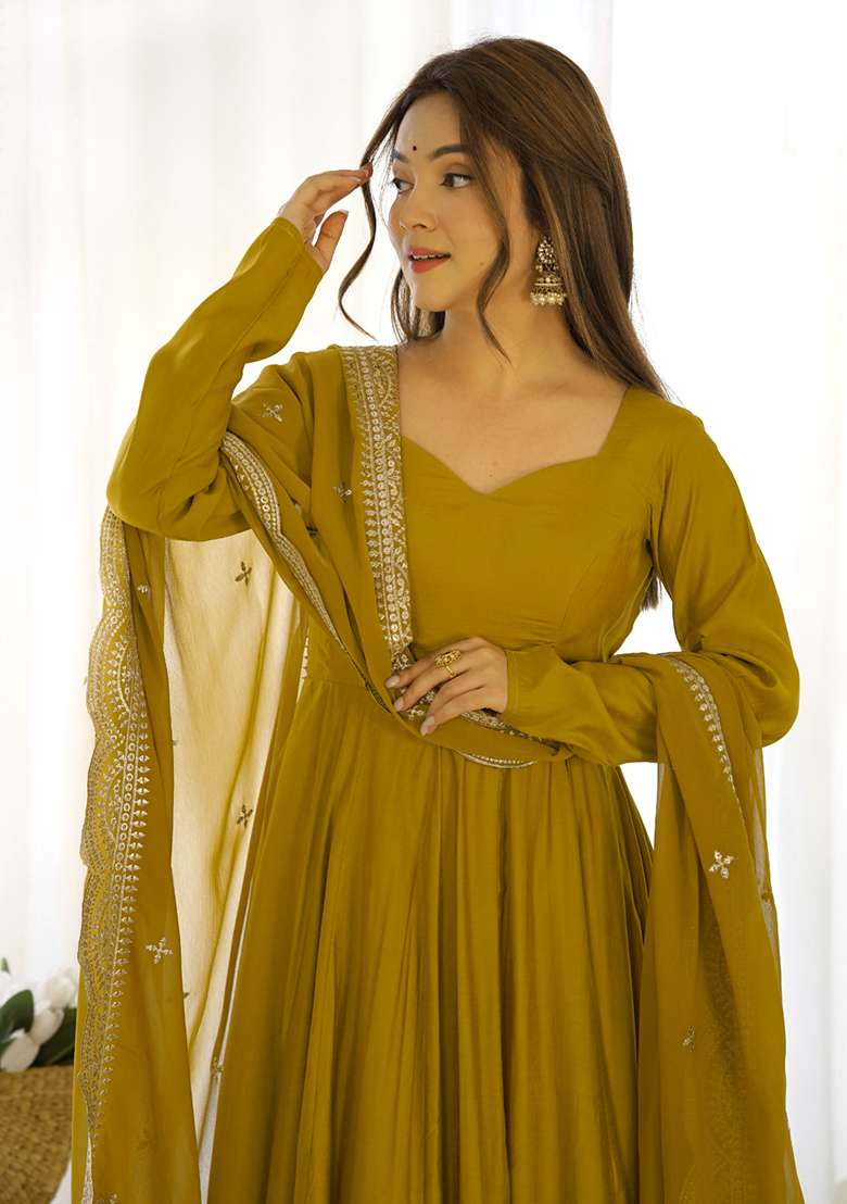Mustard Embroidery Silk Blend Kurta Set - Indya