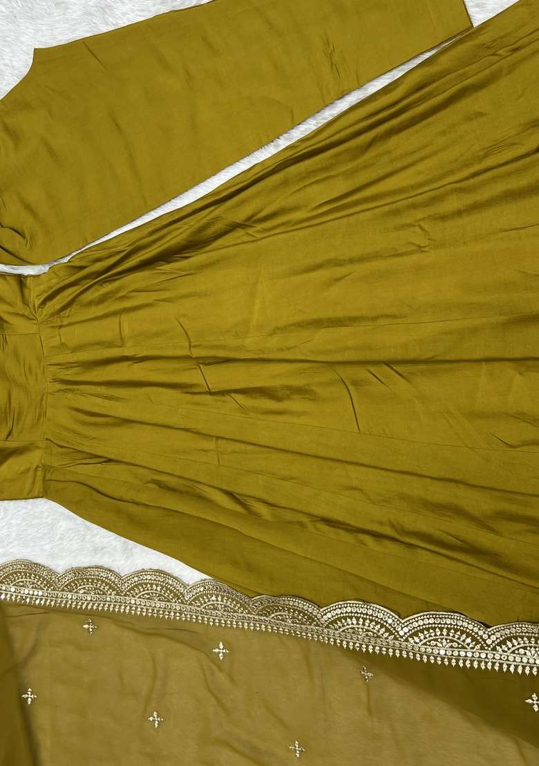 Mustard Embroidery Silk Blend Kurta Set - Indya