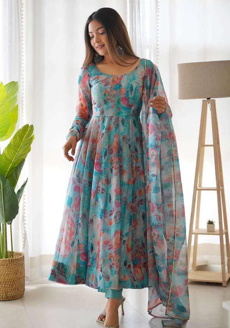 Multicolor Printed Silk Blend Kurta Set - Indya