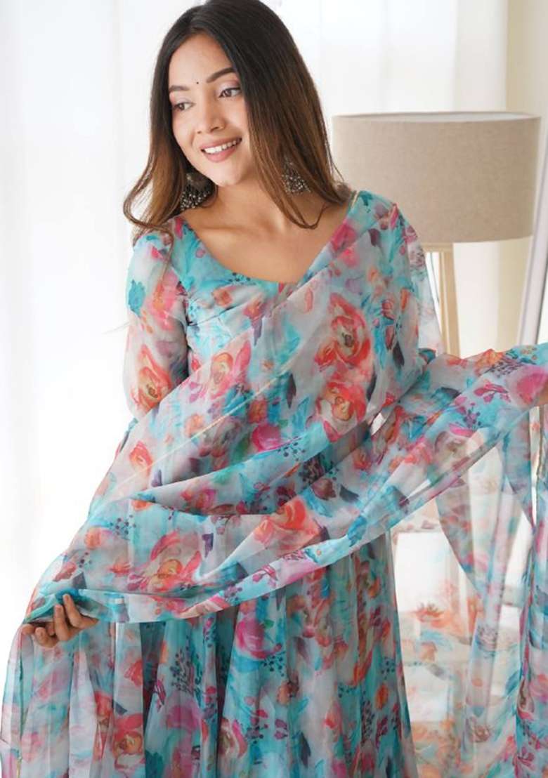 Multicolor Printed Silk Blend Kurta Set - Indya