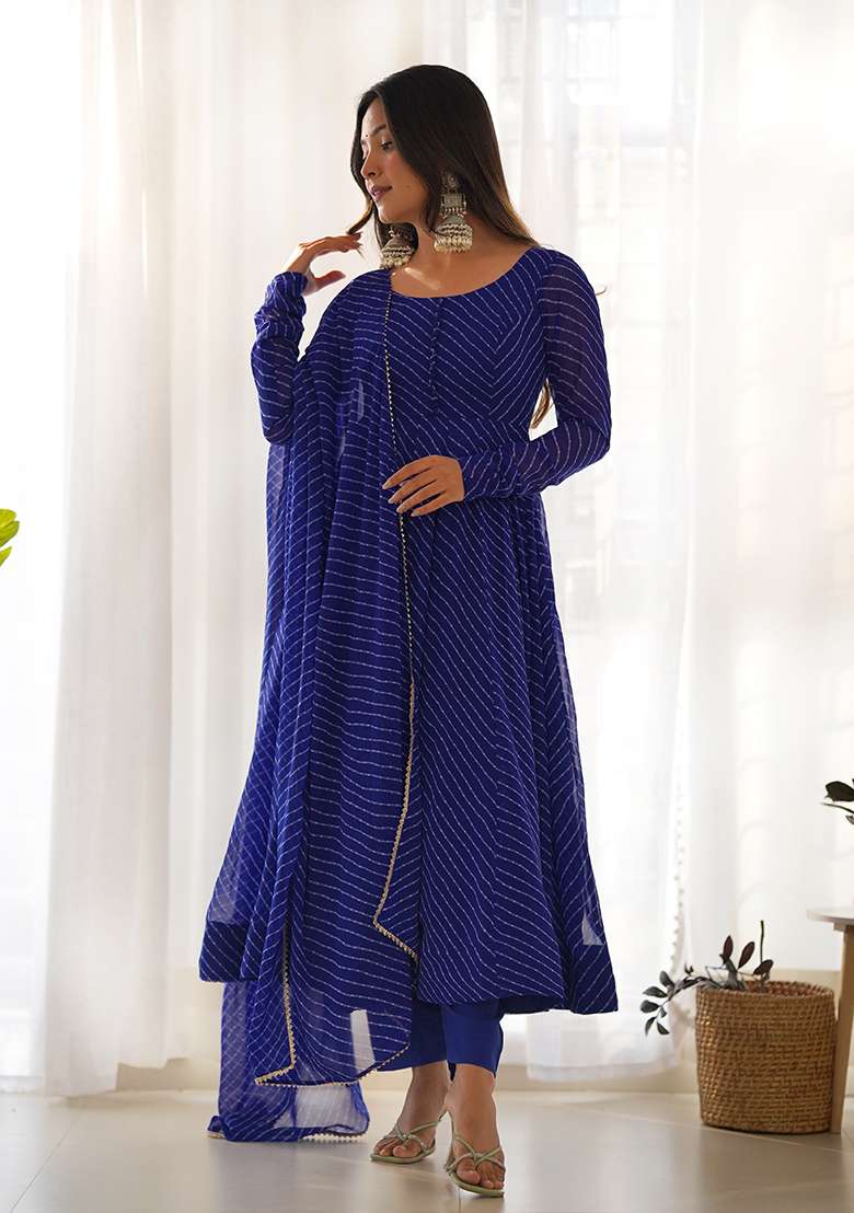 Royal Blue Printed Georgette Kurta Set - Indya