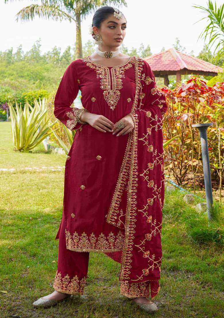 Red Embroidered Chinon Straight Kurta Set - Indya