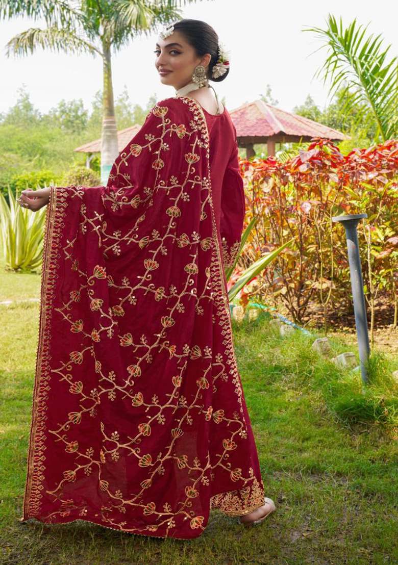 Red Embroidered Chinon Straight Kurta Set - Indya