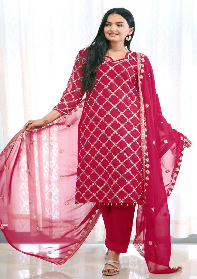 Red Embroidery Georgette Kurta Set - Indya