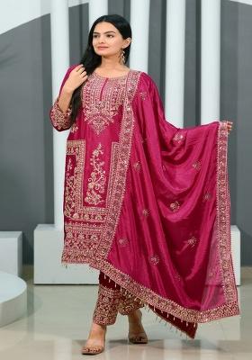 Rani Pink Embroidery Chinon Kurta Set