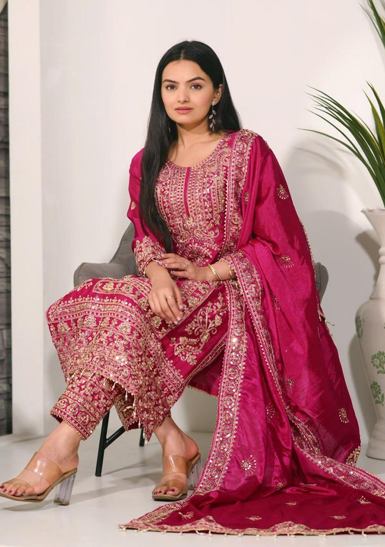 Rani Pink Embroidery Chinon Kurta Set - Indya