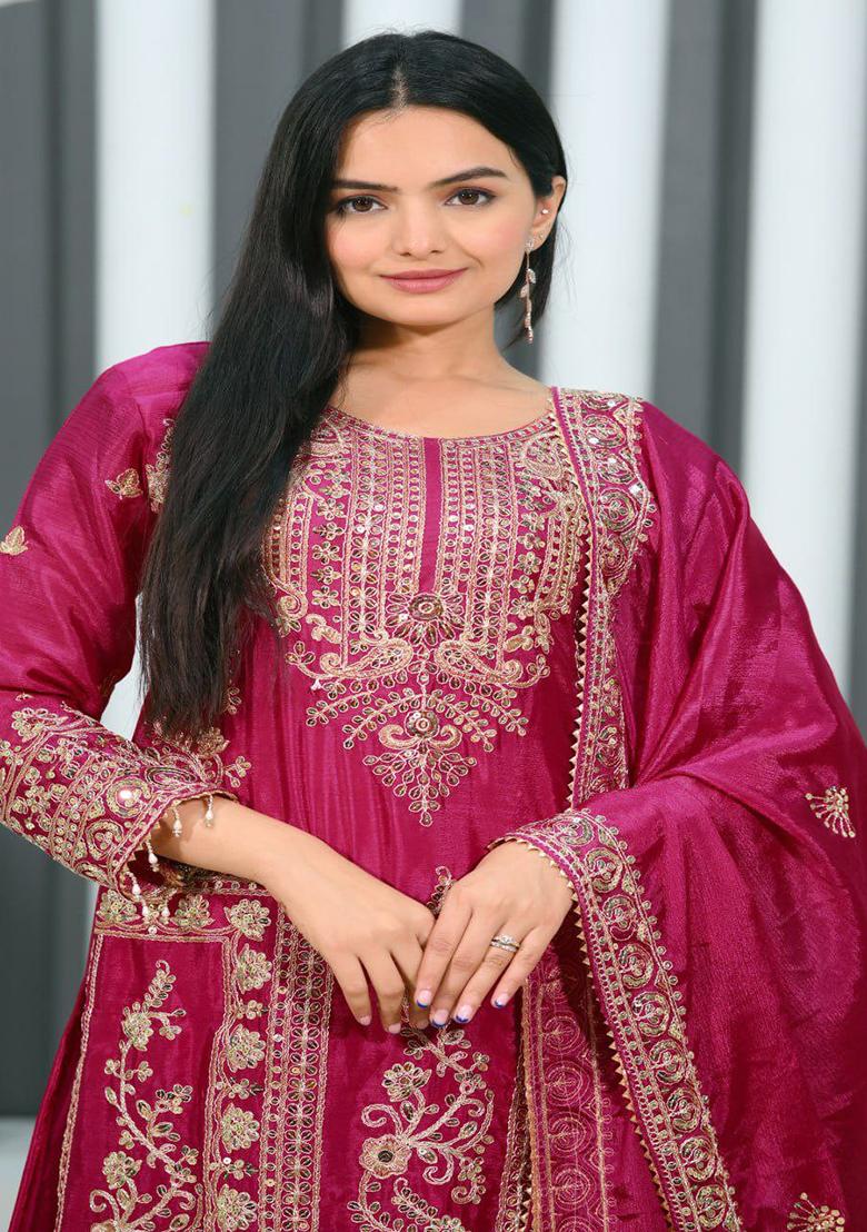 Rani Pink Embroidery Chinon Kurta Set - Indya