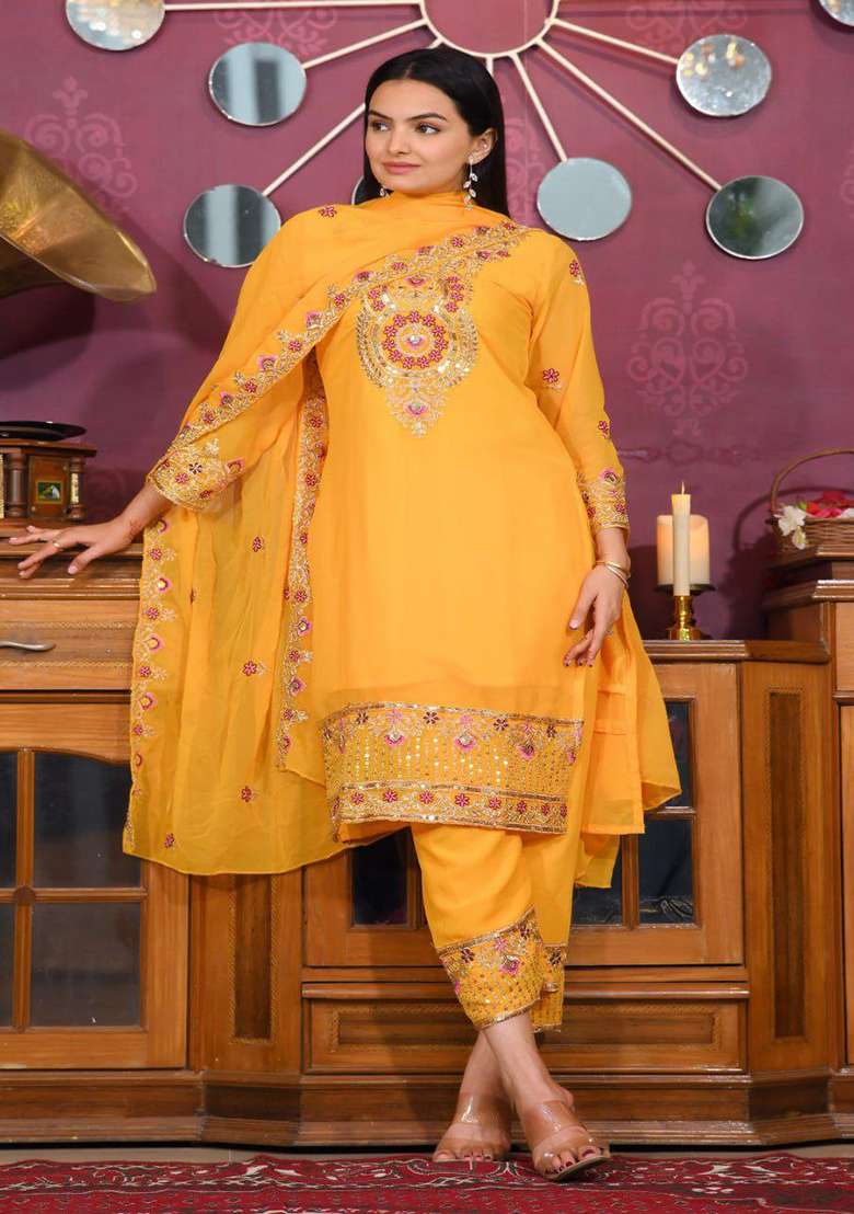 Yellow Embroidered Georgette Punjabi Suit - Indya